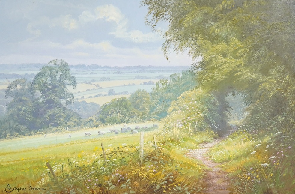 Christopher Osborne (b.1947), two oils on board, ‘On Lullington Heath’ and ‘The Ramblers Path’, each signed and inscribed verso, largest 19 x 29cm, gilt framed. Condition - good